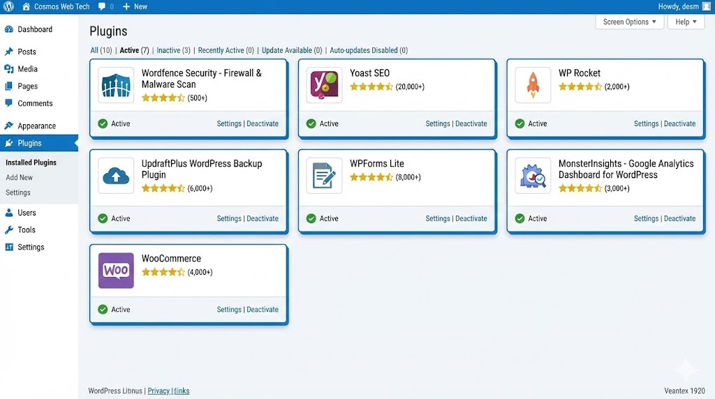 WordPress dashboard showing plugin recommendations and installation