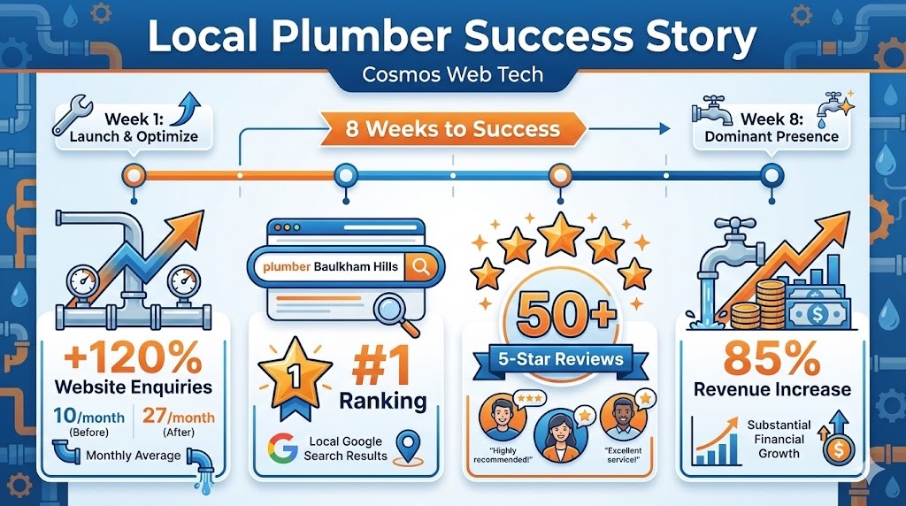 Local success story infographic: +120% enquiries, #1 ranking, 50+ reviews