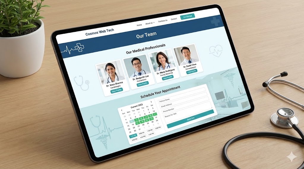 Medical practice website on tablet showing team members and booking form
