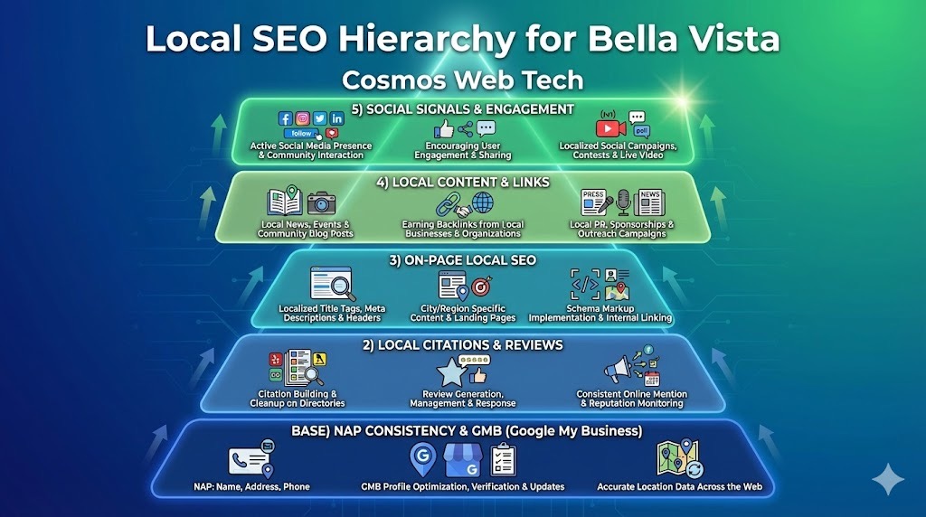 Local SEO hierarchy pyramid: NAP consistency, citations, on-page SEO, local content, social signals