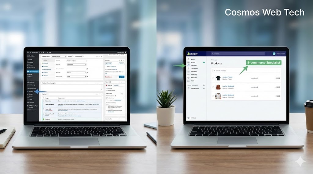 Side-by-side comparison of WooCommerce and Shopify dashboards